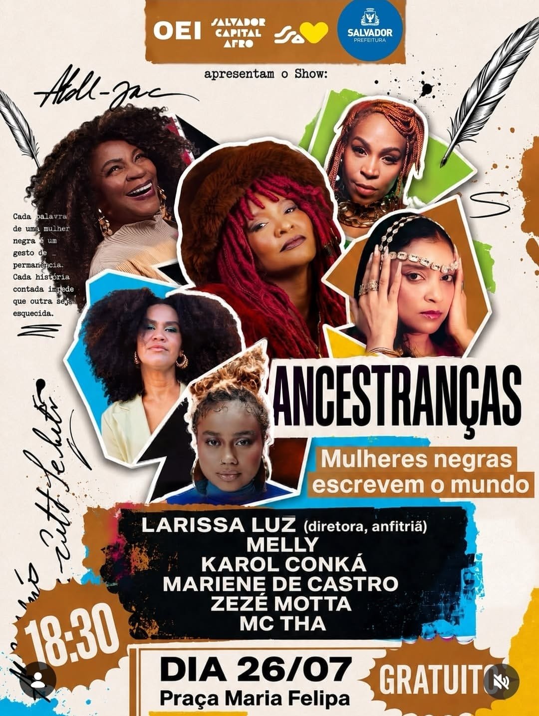 Show ‘Ancestranças’ reúne Zezé Motta, Karol Conká, Melly e grandes nomes no Dia da Mulher Negra na Praça Maria Felipa