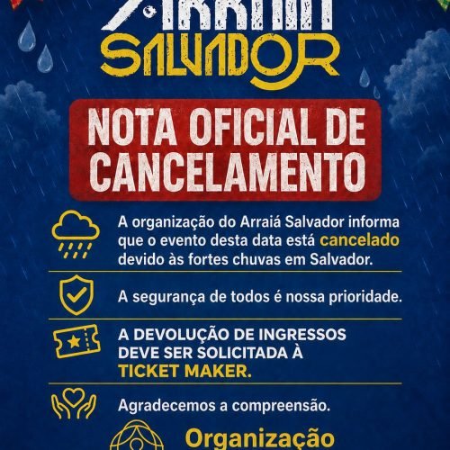 A organização do Arraiá Salvador informa que o evento programado para esta data está cancelado.