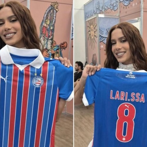 Anitta ganha camisa personalizada do Bahia durante show em Salvador